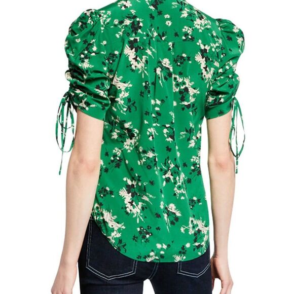 EUC Veronica Beard Carmine Ruched-Sleeve Silk Button-Front Blouse – Green Floral - Picture 2 of 7